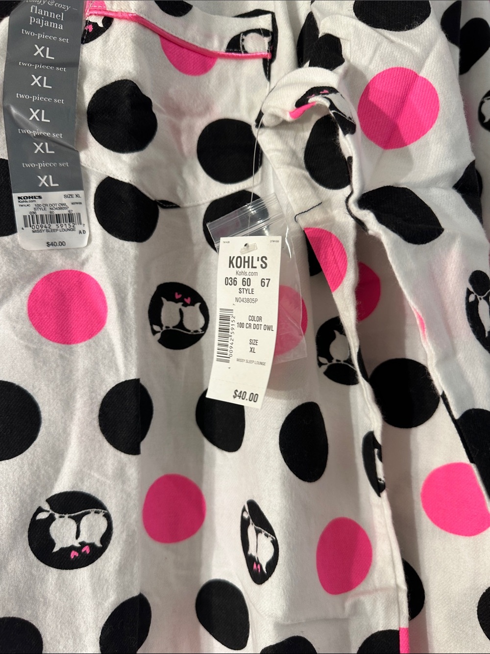 Sonoma White Pajama Set with Pink and Black Polka Dots - Picture 2 of 9